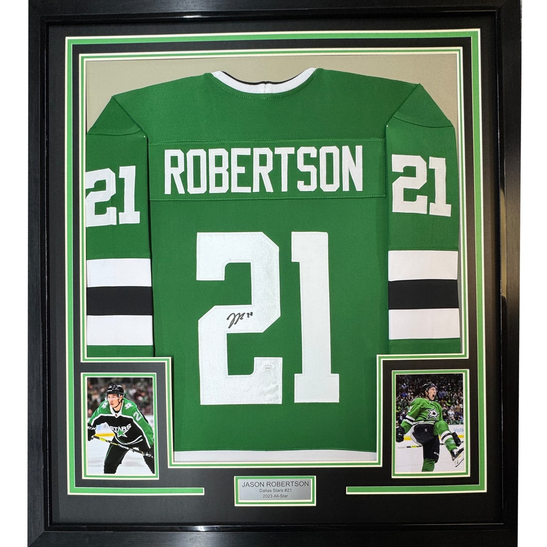 Framed Autographed Jason Robertson Jersey 35x39 Dallas Stars JSA COA: Framed Autographed Jason Robertson Jersey 35x39 Dallas Stars JSA COA This framed jersey features the autograph of NHL star Jason Robertson, showcasing his commitment to the Dallas Stars. The jersey me