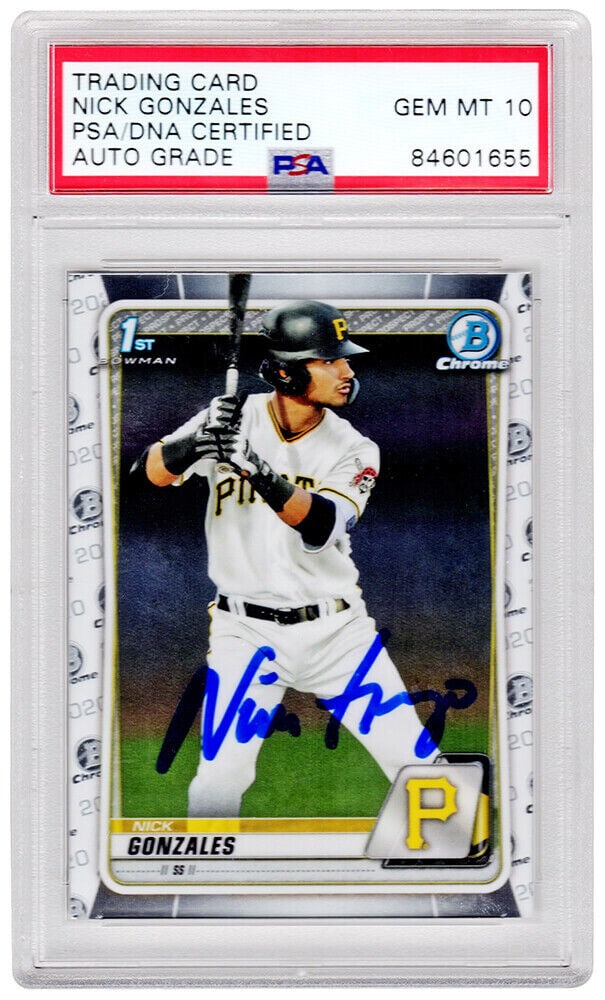Nick Gonzales Autographed 2020 Topps Bowman Chrome PSA Gem Mint 10 Card: Nick Gonzales Autographed 2020 Topps Bowman Chrome PSA Gem Mint 10 Card This is a Nick Gonzales autographed 2020 Topps Bowman Chrome baseball rookie card, featuring card #BD-81. The card is encapsulat