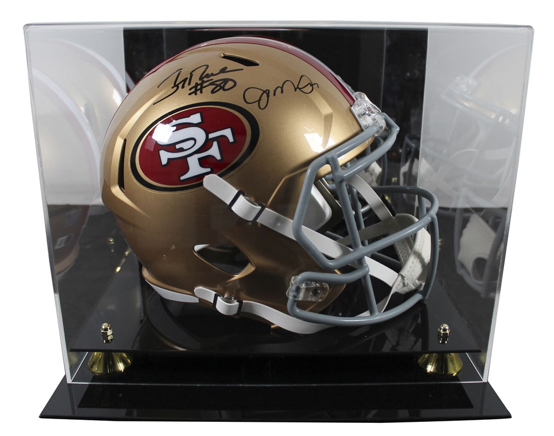 San Francisco 49ers Joe Montana Jerry Rice Signed Speed Helmet Beckett Authenticated: San Francisco 49ers Joe Montana Jerry Rice Signed Speed Helmet Beckett Authenticated This full-size Speed replica helmet features the iconic signatures of legendary San Francisco 49ers players Joe Mon