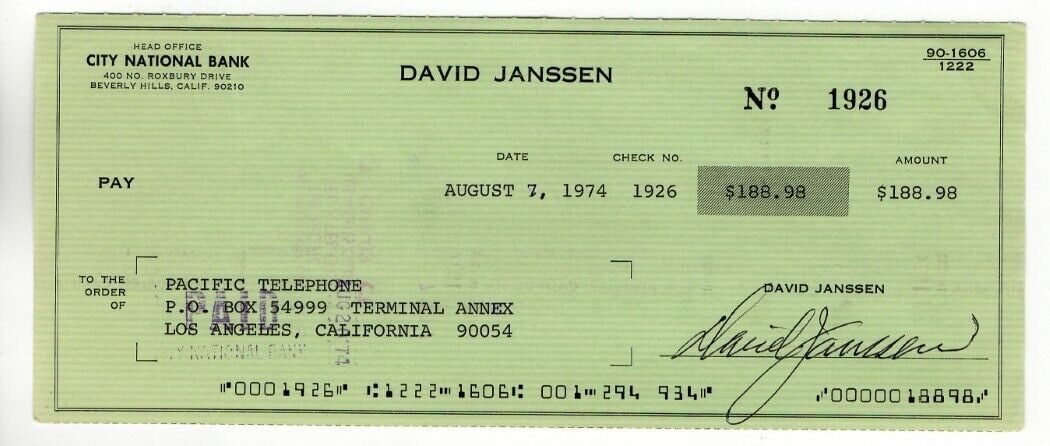 David Janssen Autographed Bank Check Richard Kimble JSA Authenticated: David Janssen Autographed Bank Check Richard Kimble JSA Authenticated This is an original bank check signed by David Janssen, the iconic star known for his role as Richard Kimble in the classic series