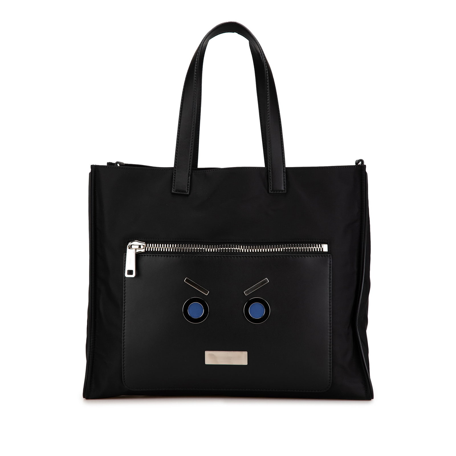 Large Nylon Fendi Faces Tote: Large Nylon Fendi Faces Tote This satchel features a nylon body with leather trim, flat leather handles, an open top, an exterior zip pocket, and an interior zip pocket. Brand: Fendi Model: Large Nylo