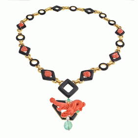 David Webb Coral Dragon Necklace Platinum 18K Gold Emerald (1 of 6)