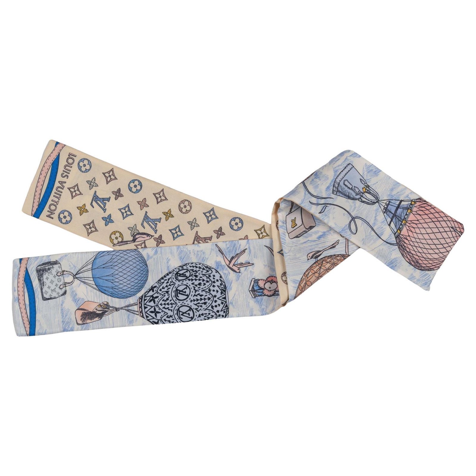 Louis Vuitton Silk Blue Bandeau Hot Air Balloon Italy 21st Century: Louis Vuitton Silk Blue Bandeau Hot Air Balloon Italy 21st Century Elevate your style with this luxurious Louis Vuitton silk bandeau, featuring a whimsical hot air balloon design. Crafted in Italy, th