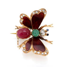 18k Yellow Gold Butterfly Brooch with Ruby Diamond Emerald Enamel (1 of 4)