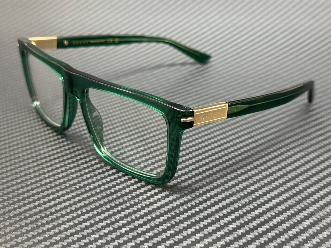 Gucci GG1504O 007 Green Unisex Eyeglasses 56mm Large Frames: Gucci GG1504O 007 Green Unisex Eyeglasses 56mm Large Frames Elevate your eyewear collection with these stylish Gucci GG1504O 007 eyeglasses. Designed in a striking green color, these large unisex eyeg