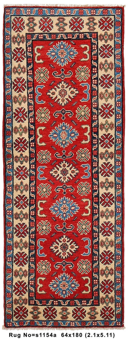 Handmade Kazak Wool Runner Rug 2.1 x 5.11 Red Blue Beige: Handmade Kazak Wool Runner Rug 2.1 x 5.11 Red Blue Beige Discover the exquisite 2.1 x 5.11 Small Narrow Handmade Kazak Wool Rug, a perfect blend of traditional artistry and contemporary style. Handcra