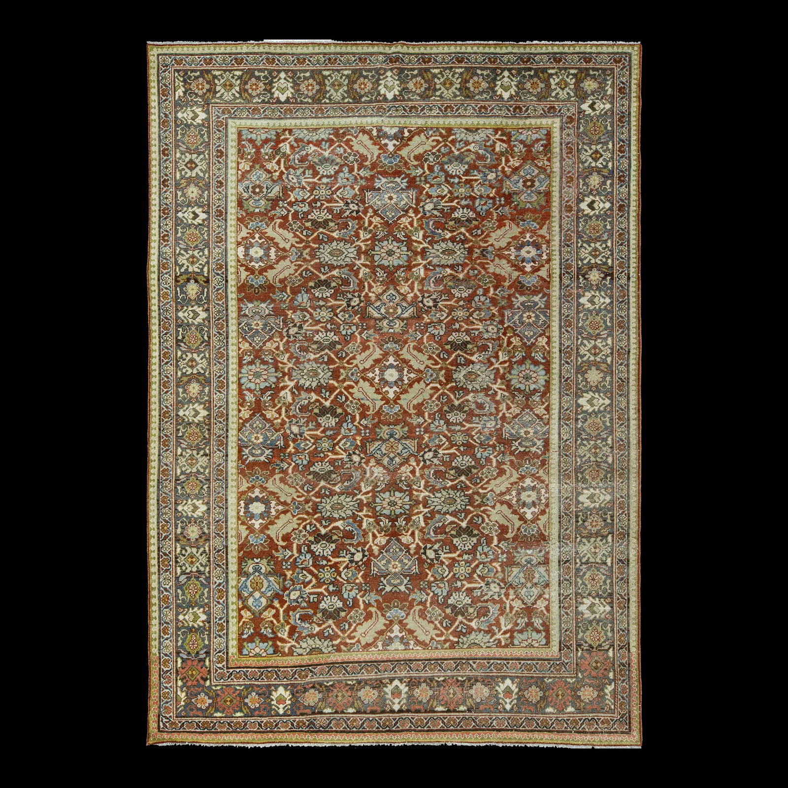 Antique Mahal Hand-Knotted Wool Rug 7'2 x 10'2 Rust Floral: Antique Mahal Hand-Knotted Wool Rug 7'2 x 10'2 Rust Floral This stunning Antique Mahal hand-knotted wool rug features a rich rust field complemented by a delicate floral motif in blue, pink, and brown