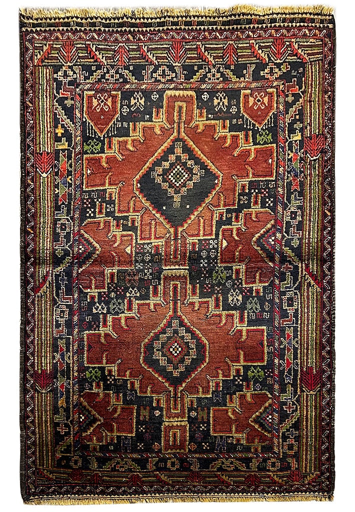 Handwoven 3'8 x 5'7 Baluch Afghan Rug in Orange Red: Handwoven 3'8 x 5'7 Baluch Afghan Rug in Orange Red Enhance your space with this stunning 3.8 x 5.7 Traditional Tribal Baluch Afghan Rug. Handwoven by skilled artisans in Afghanistan, this exquisite r