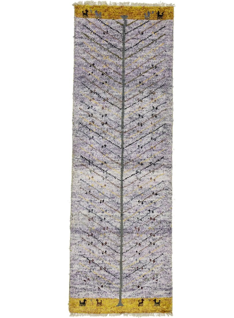Hand-Knotted Gabbeh Runner Rug 2'6 x 7'8 Purple Tribal Wool: Hand-Knotted Gabbeh Runner Rug 2'6 x 7'8 Purple Tribal Wool Enhance your living space with this stunning hand-knotted Gabbeh runner rug, featuring a rich color palette of purple, cream, brown, gray, a