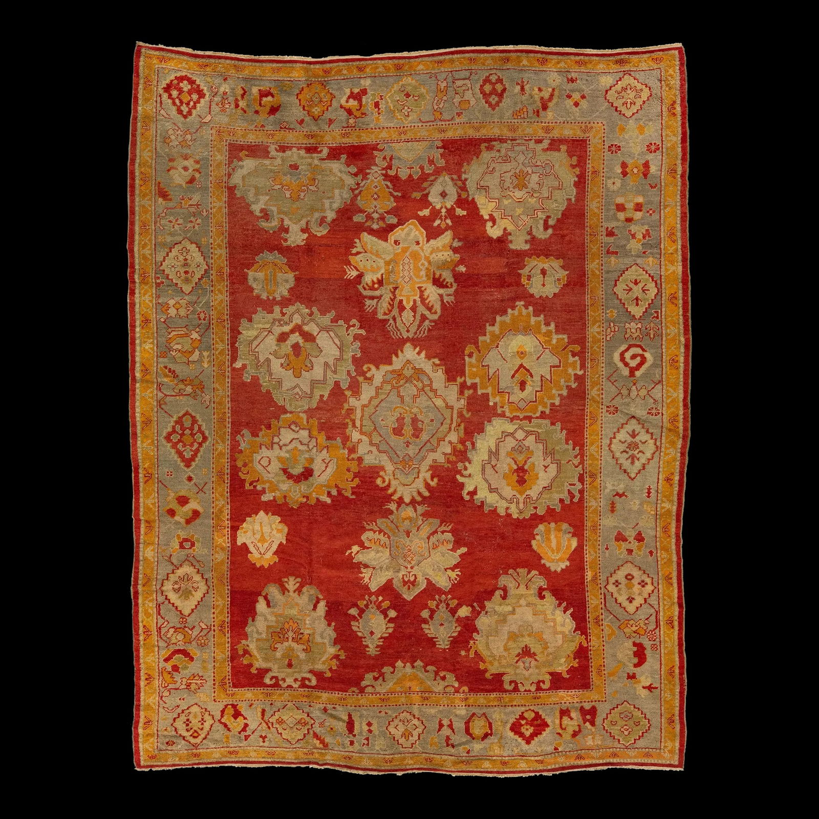 Antique Turkish Oushak Wool Rug 10'4 x 13'3 Red Floral Design Handmade: Antique Turkish Oushak Wool Rug 10'4 x 13'3 Red Floral Design Handmade This exquisite Turkish Oushak antique rug is hand-knotted from soft wool and showcases a vibrant red color field, accentuated by