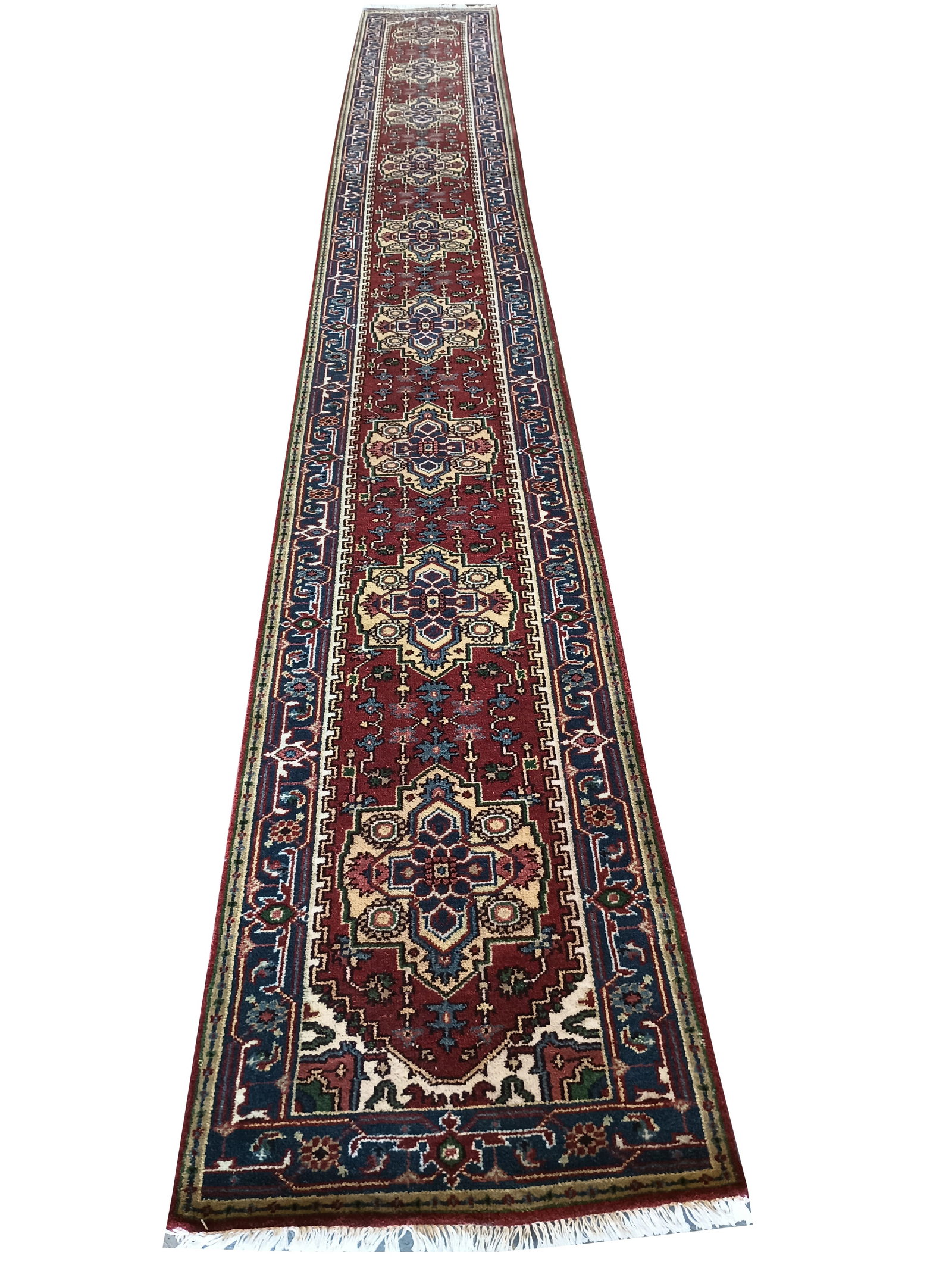 Luxurious 2.6 x 20.7 Hand-Knotted Wool Runner Carpet Serapi Design: Luxurious 2.6 x 20.7 Hand-Knotted Wool Runner Carpet Serapi Design Introducing a luxurious 21-foot long runner hand-knotted wool carpet, featuring the timeless Serapi design. Meticulously crafted by m