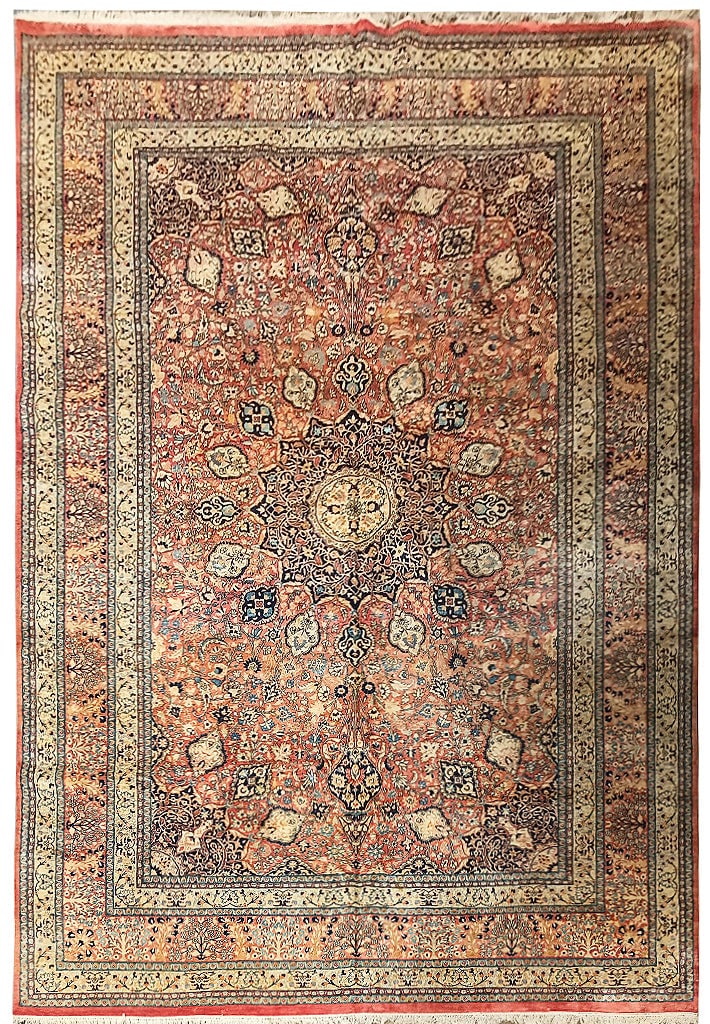 Luxury 12.1 x 18.1 Handmade Kashmere Area Rug in Rust and Blue: Luxury 12.1 x 18.1 Handmade Kashmere Area Rug in Rust and Blue Introducing a luxurious 12.1' x 18.1' Fine Quality Handmade Kashmere Rug, expertly crafted with a dense double knot weave and a quality r