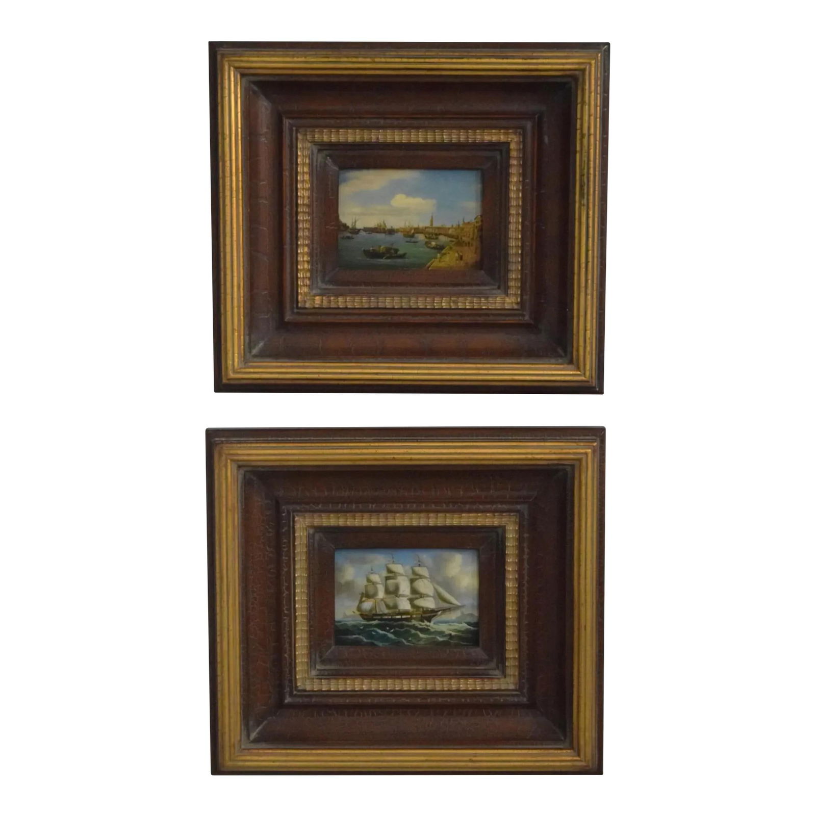 Artist Signed Pair of Ship Oil Paintings 18w x 16h Gold Finish: Artist Signed Pair of Ship Oil Paintings 18w x 16h Gold Finish This stunning pair of artist-signed ship oil paintings on boards showcases a beautiful crackle painted finish, adding a unique touch to y