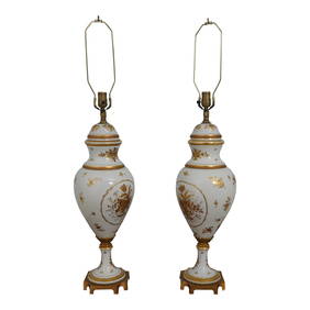 Vintage 1920s Limoge Porcelain Urn Table Lamps Pair 40 Inches Gold Details (1 of 10)
