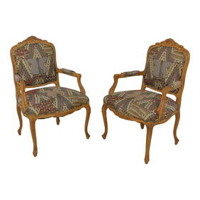 Elegant Pair of French Louis XV Style Upholstered Armchairs 27.5w x 24d x 41h (1 of 10)