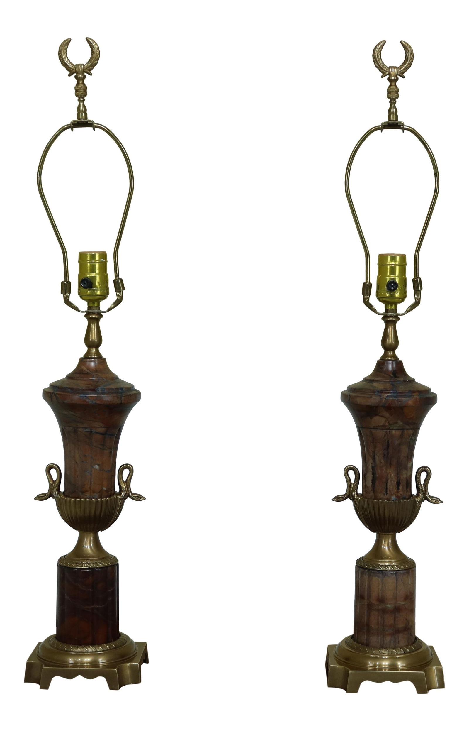 Frederick Cooper Pair of Regency Brass Soap Stone Urn Lamps 5w x 5d x 28.5h: Frederick Cooper Pair of Regency Brass Soap Stone Urn Lamps 5w x 5d x 28.5h This exquisite pair of Regency Style Brass Soap Stone Urn Lamps showcases high-quality construction with elegant swan head d