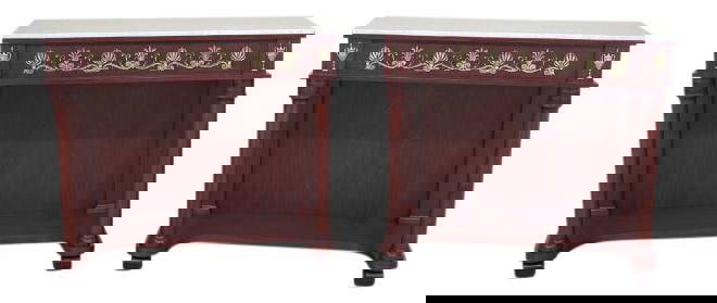 Pair of French Empire Console Tables with White Marble Top and Gold Gilt: Pair of French Empire Console Tables with White Marble Top and Gold Gilt This exquisite pair of French Empire console tables features impressive custom craftsmanship and a luxurious white marble top.