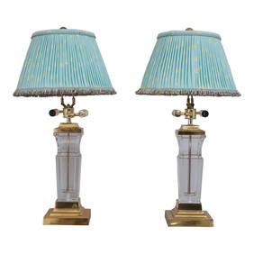 Stylish 1990s Crystal Brass Table Lamps with Modern Shades 27" Tall (1 of 9)