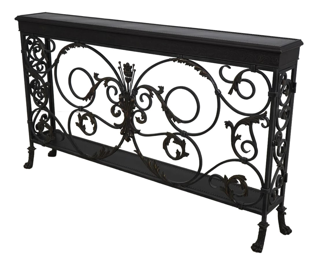 Theodore Alexander 5321-028 Ornate Wrought Iron Console Table: Theodore Alexander 5321-028 Ornate Wrought Iron Console Table This exquisite Theodore Alexander console table showcases a stunning bronze patina finish with an embossed copper studded top surface. Cra