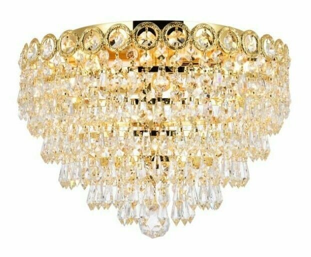 Century 4-Light Gold Flush Mount 14 in Crystal Chandelier: Century 4-Light Gold Flush Mount 14 in Crystal Chandelier Illuminate your space with this elegant 4-light flush mount chandelier, perfect for enhancing the beauty of any room including the living room