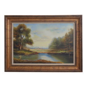 Lake & Town Signed Framed Oil Painting 45w x 33h Vibrant Colors Gold Frame (1 of 10)