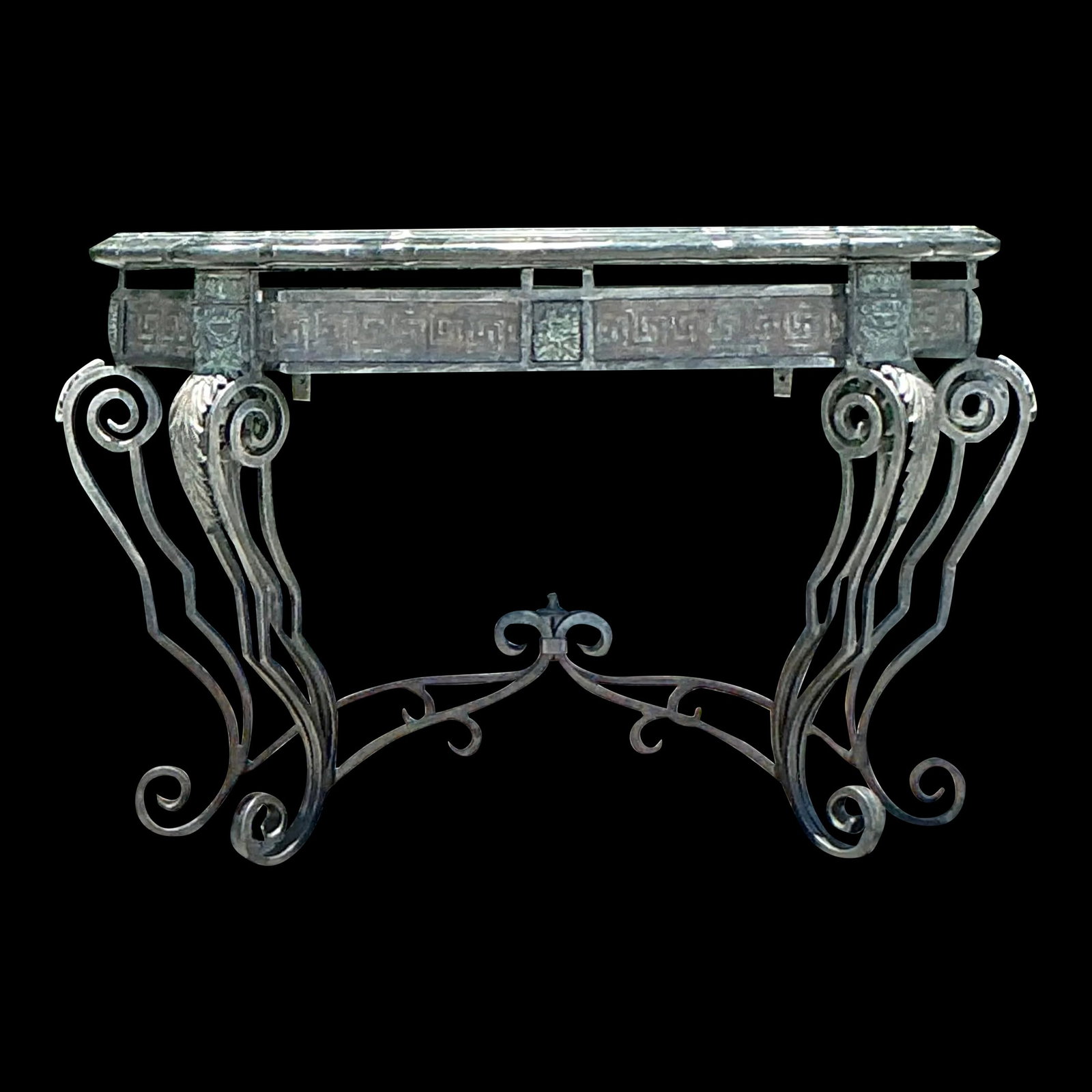 Vintage Coastal Maitland Smith Greek Key Console Table Gray Metal Stone: Vintage Coastal Maitland Smith Greek Key Console Table Gray Metal Stone Elevate your home decor with this Vintage Coastal Maitland Smith Greek Key Console Table. This exquisite piece features handcraf