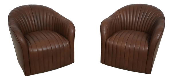 Maitland Smith Ra-1160 Brown Leather Swivel Chairs Pair Art Deco Design (1 of 10)