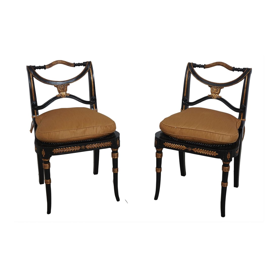 Theodore Alexander Regency Black Gold Side Chairs Pair Cane Seats 22 x 20 x 35: Theodore Alexander Regency Black Gold Side Chairs Pair Cane Seats 22 x 20 x 35 This exquisite pair of Theodore Alexander Regency style side chairs boasts a striking black and gold finish, making them