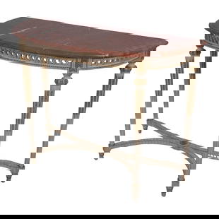 Elegant French Louis XVI Style Marble Top Console Table 44.5w x 19d x 33.5h: Elegant French Louis XVI Style Marble Top Console Table 44.5w x 19d x 33.5h This exquisite French Louis XVI Style Console Table features a beautifully beveled edge marble top, showcasing a high-qualit