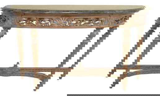 Elegant French Louis XVI Marble Top Console Table 60 x 19 x 34.5: Elegant French Louis XVI Marble Top Console Table 60 x 19 x 34.5 This exquisite French Louis XVI style console table features a stunning marble top that beautifully overlays a solid wood base, accente