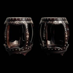 Pair of Vintage Asian Low Stools with Mother-of-Pearl Inlay (1 of 10)
