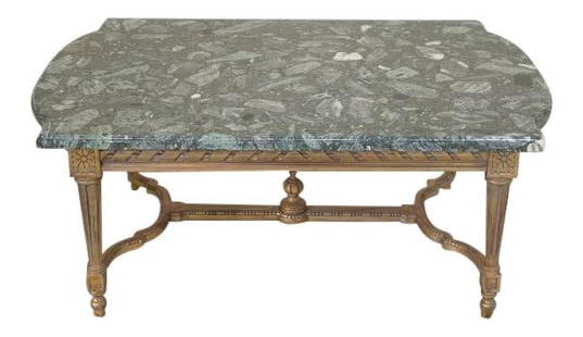 French Louis XVI Coffee Table with Green Marble Top 52 x 35 Gold Gilt Frame: French Louis XVI Coffee Table with Green Marble Top 52 x 35 Gold Gilt Frame This exquisite French Louis XVI style coffee table features a stunning green marble top set upon a beautifully carved gold g