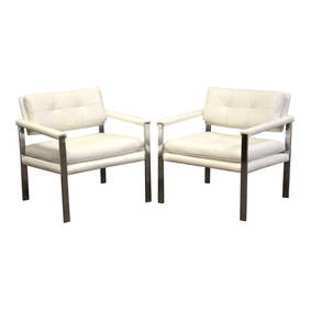 Milo Baughman Style White Leather Lounge Chairs Pair Chrome Frame 17 Inch Seat Height (1 of 7)