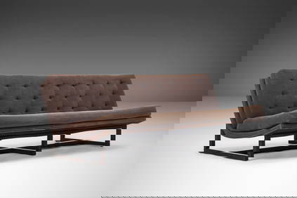 Milo Baughman 1970s Three Seat Scoop Sofa Mocha Suede Walnut Frame (1 of 10)