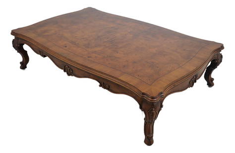 Karges French Louis XV Walnut Coffee Table with Carved Details: Karges French Louis XV Walnut Coffee Table with Carved Details This large French Louis XV style coffee cocktail table is a stunning piece that combines elegance with functionality. Crafted from high-q