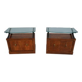 Henredon Modern Burl Walnut End Tables with Beveled Glass Tops 33.5 x 19 x 28 (1 of 10)