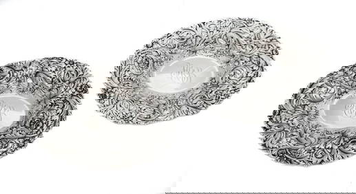 Antique 925 Sterling Silver Handmade Floral Oval Dishes 11 x 6.5 Inches (1 of 5)