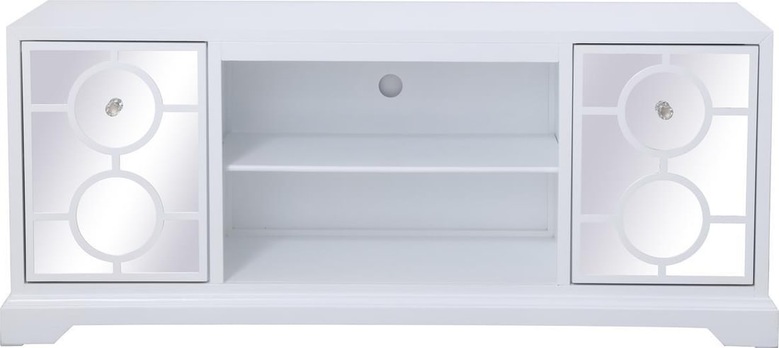 Elegant Lighting Hollywood Regency White Mirrored TV Stand 60": Elegant Lighting Hollywood Regency White Mirrored TV Stand 60" Enhance your living space with this elegant white mirrored TV stand, designed in the Hollywood Regency style. The stand features a clear