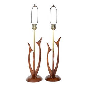 Chic Sculptural Mid Century Table Lamps Walnut Brass 35 inches Pair (1 of 8)