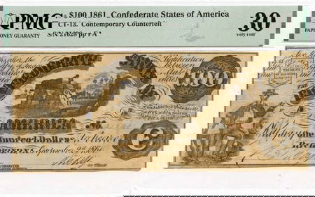 1861 $100 Confederate Note CT-13 PMG VF30 Circulated (1 of 2)