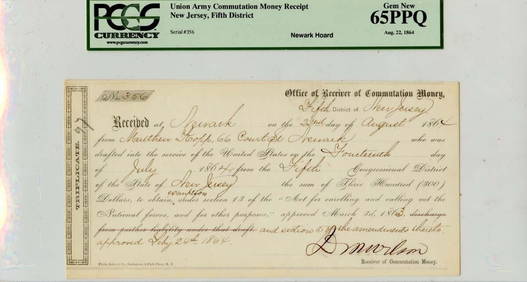 Union Army Commutation Money Receipt MS65 Uncirculated 1864 (1 of 2)