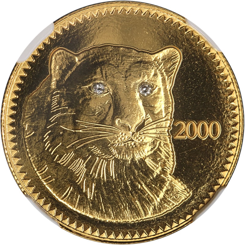 2000 Mongolia Gold 1000 Tugrig Panther Coin NGC PF69 Ultra Cameo: 2000 Mongolia Gold 1000 Tugrig Panther Coin NGC PF69 Ultra Cameo This stunning 2000 Mongolia Gold 1000 Tugrig coin features a majestic panther with diamond eyes, encapsulated in a protective NGC holde