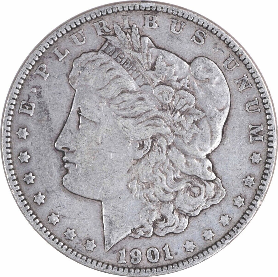 1901 Morgan Silver Dollar XF Uncertified 90% Silver Coin: 1901 Morgan Silver Dollar XF Uncertified 90% Silver Coin This 1901 Morgan Silver Dollar is a beautiful example of American coinage with an exquisite design by George T. Morgan. It features a circulate
