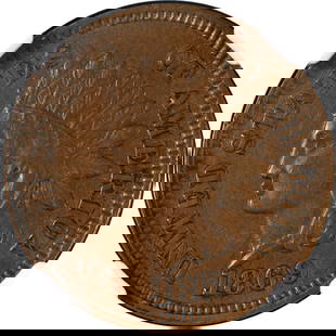 1869 Indian Cent NGC AU53 BN Copper Coin Strong Strike: 1869 Indian Cent NGC AU53 BN Copper Coin Strong Strike This 1869 Indian Cent is certified by NGC and graded AU53 BN, highlighting its superb eye appeal and strong strike. The coin is composed of coppe