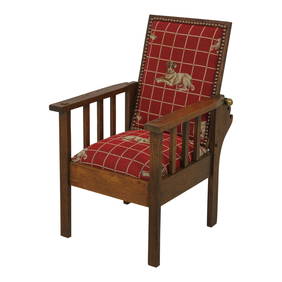 Youth Size Arts & Crafts Morris Chair Solid Oak Dog Print Upholstery 15.5w x 20d x 26h (1 of 10)