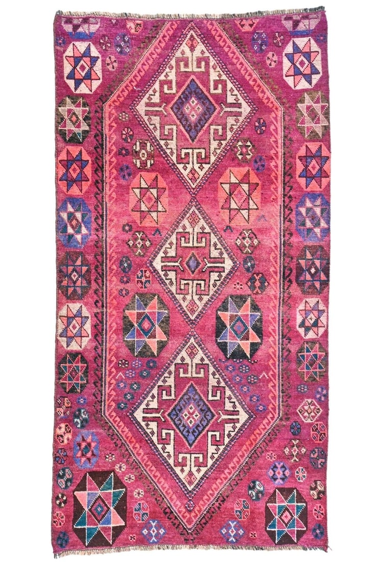 Vintage 3'7 x 6'3 Hand-Knotted Wool Tribal Rug 1950s Geometric Design: Vintage 3'7 x 6'3 Hand-Knotted Wool Tribal Rug 1950s Geometric Design Add a touch of vintage charm to your space with this stunning Antique Distressed Oriental Rug, featuring a mesmerizing geometric p