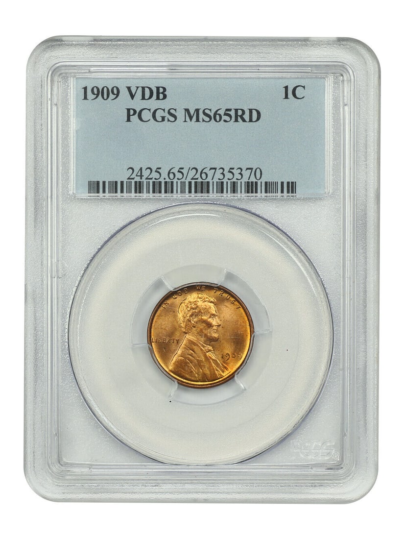 1909 VDB Lincoln Cent MS65RD PCGS Uncirculated Wheat Reverse: 1909 VDB Lincoln Cent MS65RD PCGS Uncirculated Wheat Reverse This 1909 VDB Lincoln Cent features the designer's initials (VDB) on the reverse, marking it as a popular first-year issue. Certified by PC