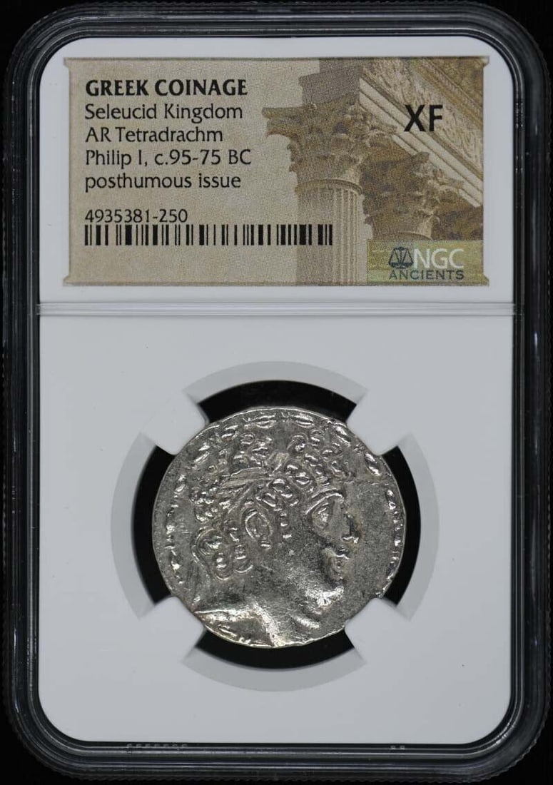 Seleucid Kingdom Ancient Greek AR Tetradrachm NGC XF40 Coin: Seleucid Kingdom Ancient Greek AR Tetradrachm NGC XF40 Coin This ancient Greek coin features a Seleucid Kingdom AR Tetradrachm, certified by NGC with a grade of XF40. This pre-owned coin showcases the