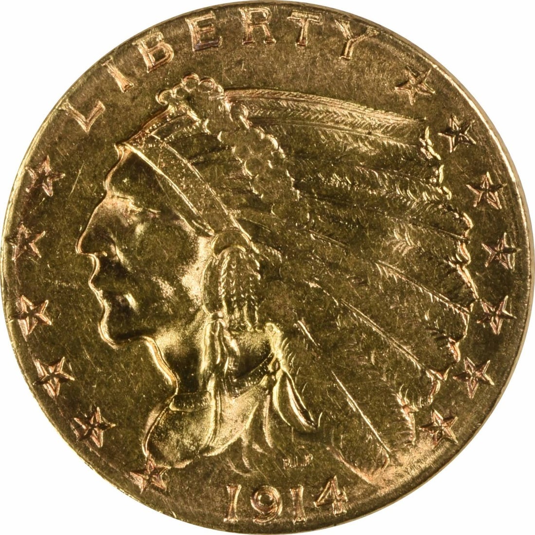 1914-D $2.50 Gold Indian Coin AU Bela Lyon Pratt Denver Mint: 1914-D $2.50 Gold Indian Coin AU Bela Lyon Pratt Denver Mint This 1914-D $2.50 Gold Indian coin is a stunning example of early American coinage. Designed by Bela Lyon Pratt, this coin features a uniqu