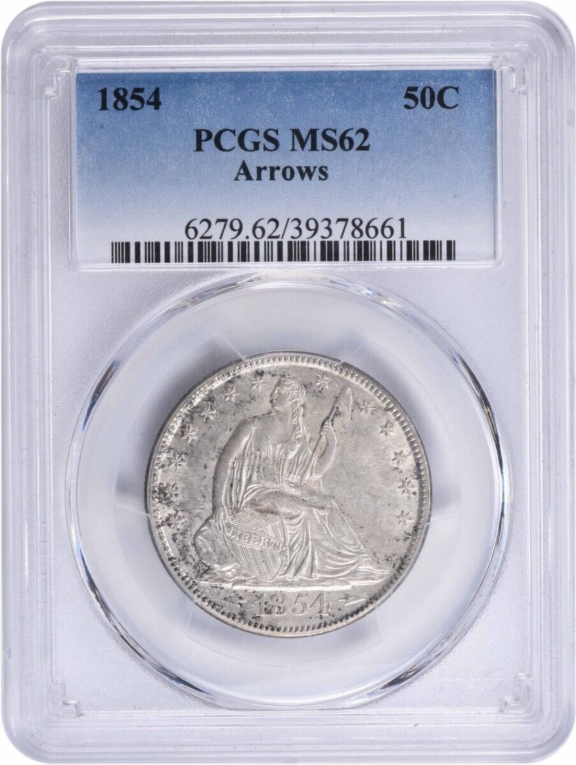 1854 Liberty Seated Half Dollar MS62 PCGS 90% Silver: 1854 Liberty Seated Half Dollar MS62 PCGS 90% Silver This 1854 Liberty Seated Half Dollar features the classic designs of Thomas Sully and Christian Gobrecht, and is a notable addition for any numisma